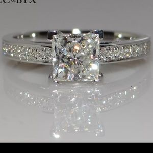 *14K White Princess Square Diamond Engagement Ring